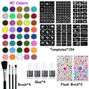 Temporary Glitter Tattoo Kit for Kids, 40 Colors Glitter, with 154 Stencils, 4 Glue, 4 Brushes, Body Glitter Make Up Kit, for Cosplay, Birthday Party, Festival Christmas