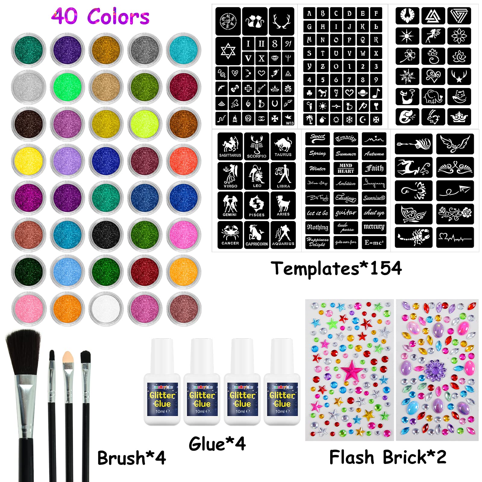 Temporary Glitter Tattoo Kit for Kids, 40 Colors Glitter, with 154 Stencils, 4 Glue, 4 Brushes, Body Glitter Make Up Kit, for Cosplay, Birthday Party, Festival Christmas