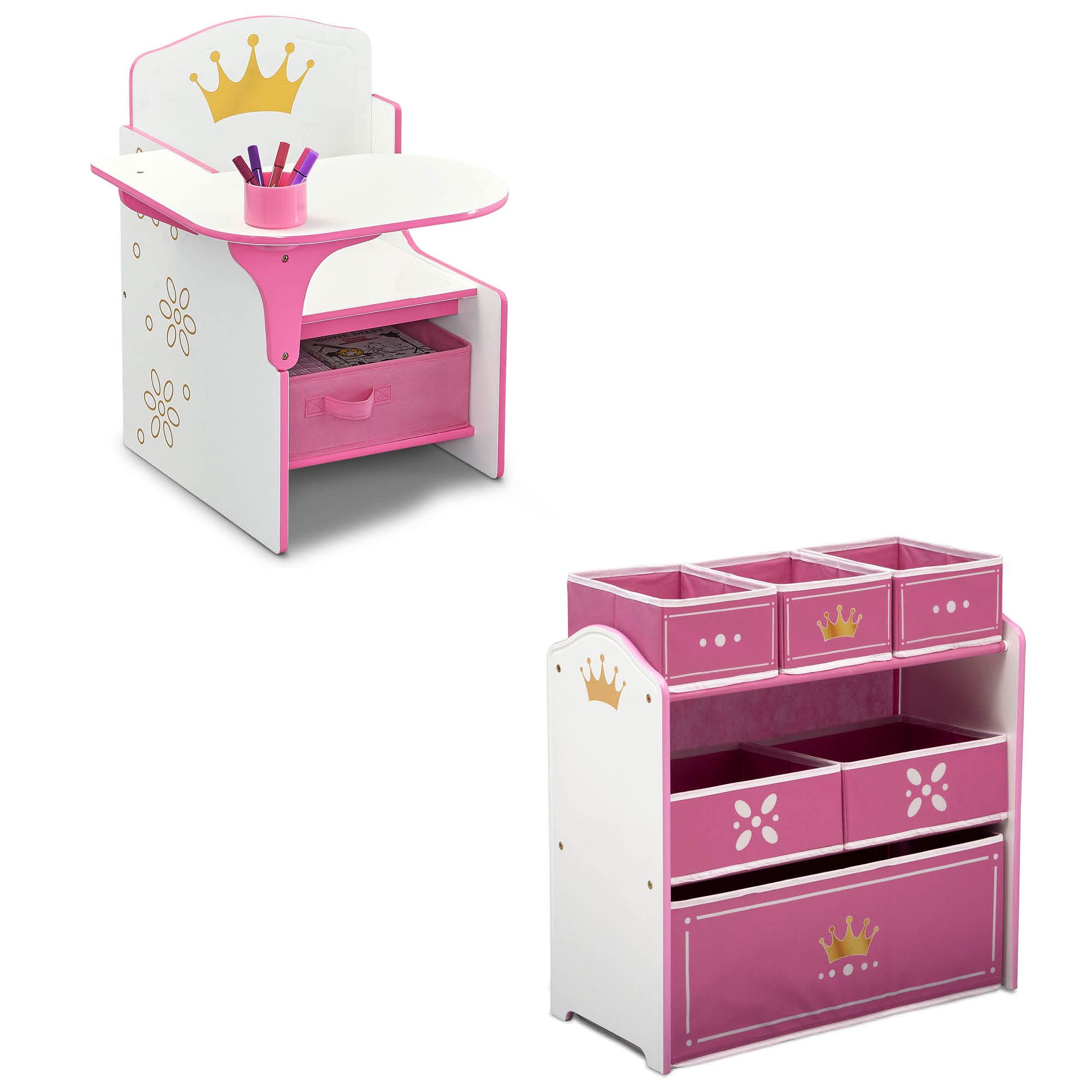 Delta Children Princess Crown Chair Desk with Storage Bin + Design and Store 6 Bin Toy Storage Organizer, White/Pink (Bundle)