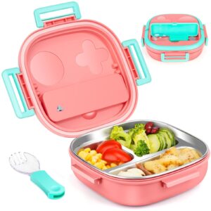 PEDECO Stainless Steel Kid Bento Box,4-Sided Lock Catch,Leak-Proof,3-Compartment,Lunch Box With Portable Cutlery-Ideal Portion Sizes (500ML) for Kids/Toddler-BPA-Free,Dishwasher Safe(Coral Pink)