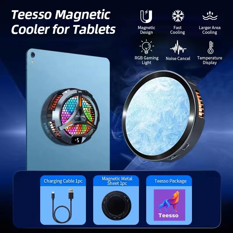 TEESSO iPad Cooler, Upgrated 3.9 inch Diameter Magnetic Tablet Cooler, ipad Cooling pad Phone Cooling Fan 27W Power Driver, Temperature Display Radiator for iPhone iPad Portable Laptop Cooler