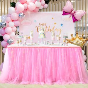albassa 6ft pink tulle table skirt for rectangle or round tables with led lights tutu table skirts tablecloth for princess baby shower girl birthday party cake dessert table decorations
