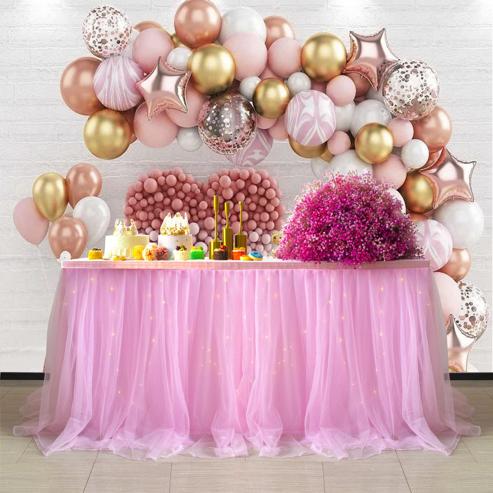 Albassa 6ft Pink Tulle Table Skirt for Rectangle or Round Tables with LED Lights Tutu Table Skirts Tablecloth for Princess Baby Shower Girl Birthday Party Cake Dessert Table Decorations