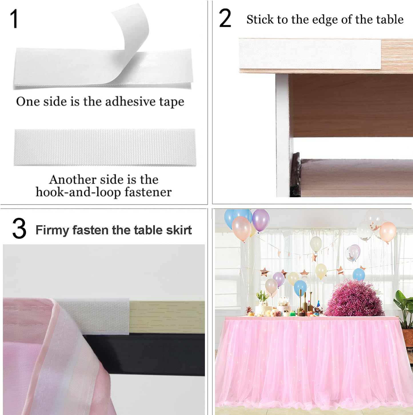 Albassa 6ft Pink Tulle Table Skirt for Rectangle or Round Tables with LED Lights Tutu Table Skirts Tablecloth for Princess Baby Shower Girl Birthday Party Cake Dessert Table Decorations