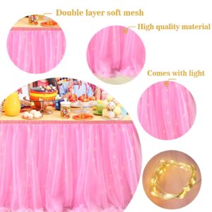 Albassa 6ft Pink Tulle Table Skirt for Rectangle or Round Tables with LED Lights Tutu Table Skirts Tablecloth for Princess Baby Shower Girl Birthday Party Cake Dessert Table Decorations