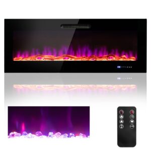 costway electric fireplace 60-inch wide, 750w/1500w recessed and wall mounted fireplace insert heater with remote, log and decorative crystal, 9 flame colors, 5 brightness, 12 h timer for indoor use