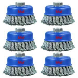 sali 6 pack wire cup brush, 4 inch twisted knotted cup brush for grinders, with 5/8-11 inch arbor for heavy cleaning rust, stripping and abrasive, for angle grinder