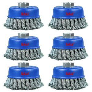 SALI 6 Pack Wire Cup Brush, 4 Inch Twisted Knotted Cup Brush for Grinders, with 5/8-11 Inch Arbor for Heavy Cleaning Rust, Stripping and Abrasive, for Angle Grinder