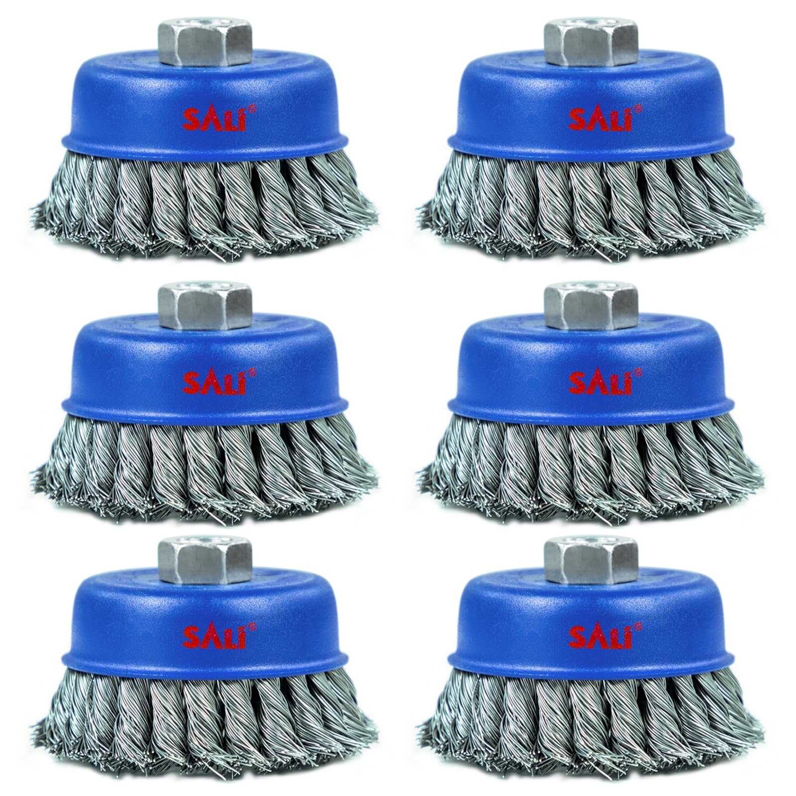 SALI 6 Pack Wire Cup Brush, 4 Inch Twisted Knotted Cup Brush for Grinders, with 5/8-11 Inch Arbor for Heavy Cleaning Rust, Stripping and Abrasive, for Angle Grinder