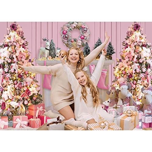 Maijoeyy 7x5ft Pink Christmas Photography Backdrop Christmas Fireplace Backdrop Pink Xmas Tree Gift Background Snow Holiday Family Party Photo Studio Props