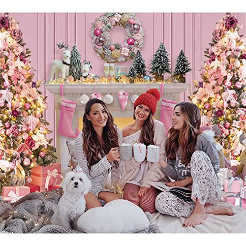 Maijoeyy 7x5ft Pink Christmas Photography Backdrop Christmas Fireplace Backdrop Pink Xmas Tree Gift Background Snow Holiday Family Party Photo Studio Props