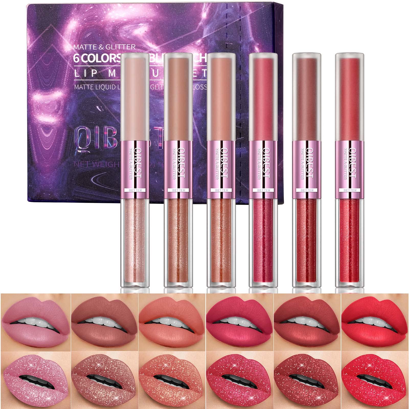 Aseawave 6Pcs Matte Liquid Lipstick + 6Pcs Glitter Lip Gloss, 2 IN 1 24 Hour Long Lasting Red Matte Lipstick with Metallic Shimmer Sparkle Lipgloss for Women