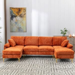 kivenjaja u-shaped sectional sofa couch, modern velvet l-shaped couch set with chaise lounge, ottoman and pillows for living room office apartment, 114 inches (orange)