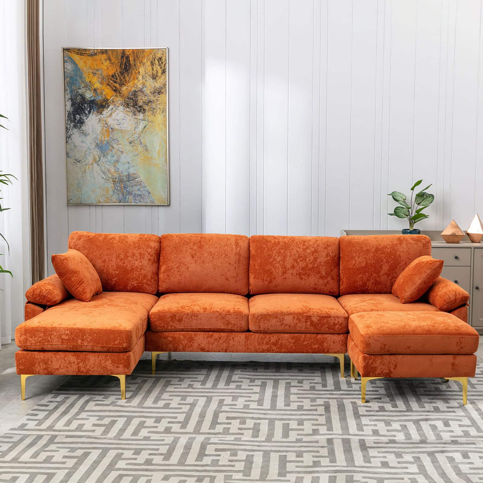 KIVENJAJA U-Shaped Sectional Sofa Couch, Modern Velvet L-Shaped Couch Set with Chaise Lounge, Ottoman and Pillows for Living Room Office Apartment, 114 inches (Orange)