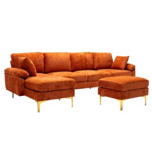KIVENJAJA U-Shaped Sectional Sofa Couch, Modern Velvet L-Shaped Couch Set with Chaise Lounge, Ottoman and Pillows for Living Room Office Apartment, 114 inches (Orange)