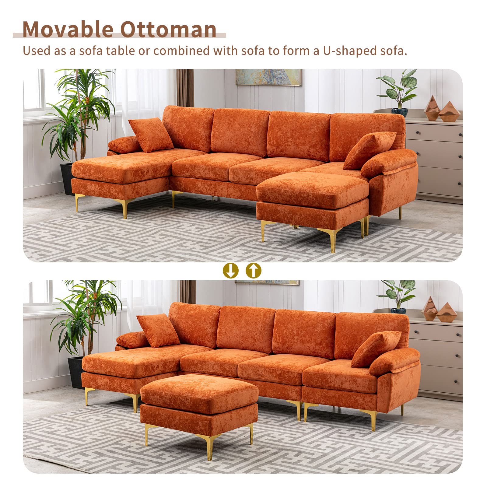 KIVENJAJA U-Shaped Sectional Sofa Couch, Modern Velvet L-Shaped Couch Set with Chaise Lounge, Ottoman and Pillows for Living Room Office Apartment, 114 inches (Orange)