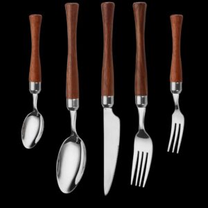 wooden silverware set for 6 ，retro 30 pieces stainless steel cutlery flatware cutlery set for gatherings wedding christmas party halloween kitchen mirror polished - pear wooden handle