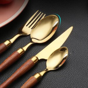 Wooden Silverware Set for 6 ，Retro 30 Pieces Stainless Steel Cutlery Flatware Cutlery Set for Gatherings Wedding Christmas Party Halloween Kitchen Mirror Polished - Pear Wooden Handle