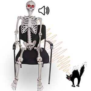 halloween skeleton decorations - 5.5ft life size skeleton decoration realistic pose-n-stay human skeleton with led glowing eyes - motion sensor hanging props creepy sound for halloween decorations