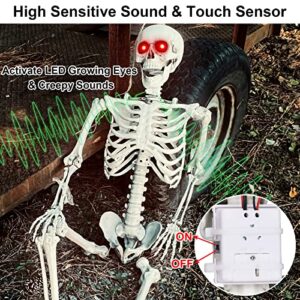 Halloween Skeleton Decorations - 5.5FT Life Size Skeleton Decoration Realistic Pose-n-Stay Human Skeleton with LED Glowing Eyes - Motion Sensor Hanging Props Creepy Sound for Halloween Decorations