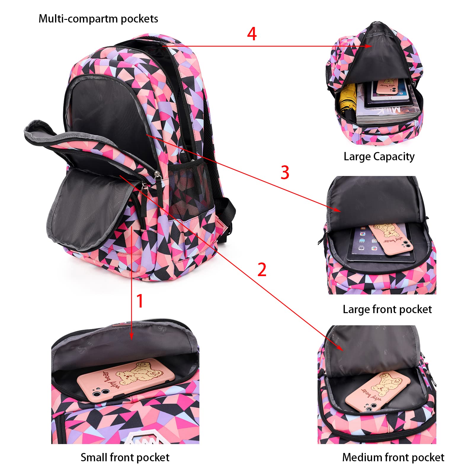 NIWEIYA Kids' Backpacks Geometric Printed Children School Bag for Middle-Elementary School Book Bags for Girls-Boys Waterproof 3 in 1 Backpack Sets(Black 35L)