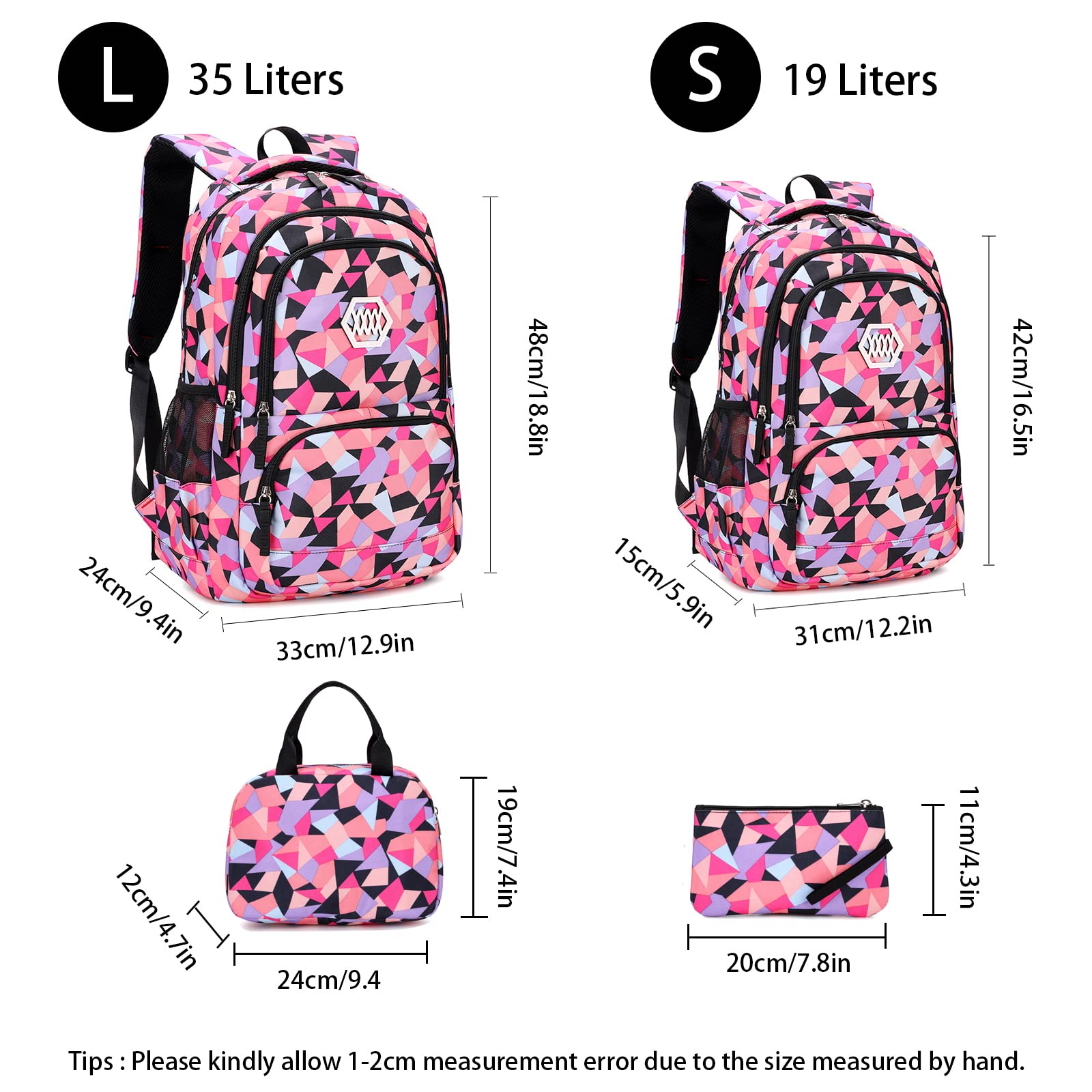 NIWEIYA Kids' Backpacks Geometric Printed Children School Bag for Middle-Elementary School Book Bags for Girls-Boys Waterproof 3 in 1 Backpack Sets(Black 35L)