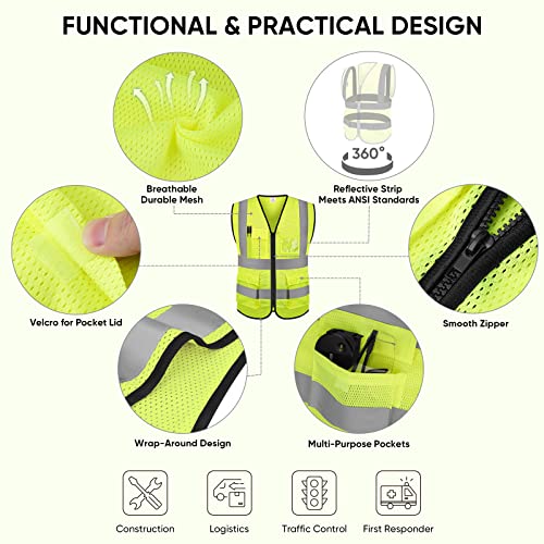 TICONN Reflective Safety Vest High Visibility Class II Mesh Vest for Women & Men Meets ANSI Standards (1PK, Yellow, L)