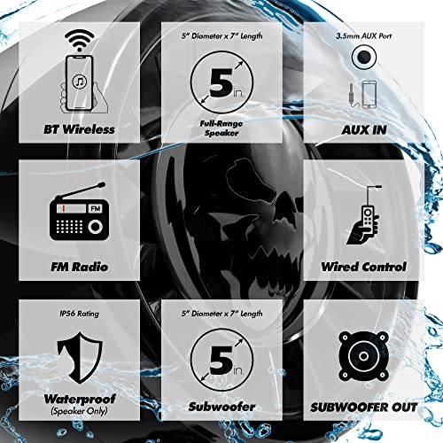 GoHawk TS5-S 2.1 Channel Amplifier 5" Subwoofer Waterproof Bluetooth ATV RZR UTV Stereo 3 Speakers Audio Amp Radio System 1.5 to 2" Roll-cage Bar Mount for Polaris Can-Am 4-Wheeler