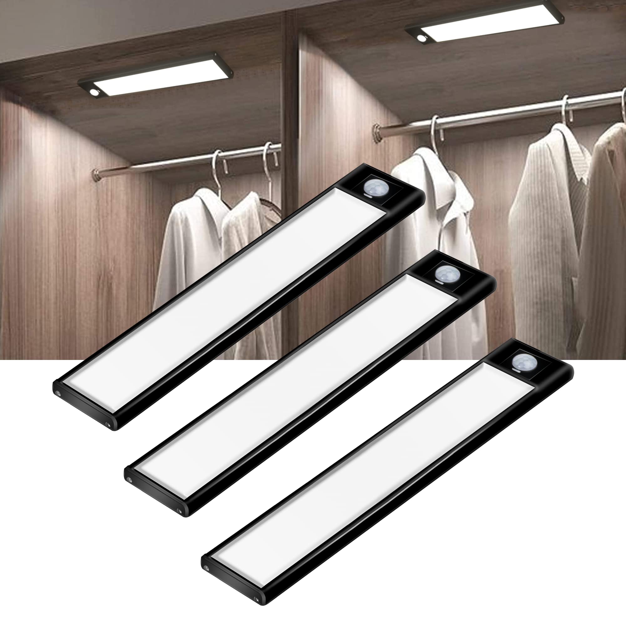 Aipolloo 3 Pack Under Cabinet Lighting Motion Sensor, 31 LED Magnet Closet Lights, Battery Operated Rechargeable Lights, Wireless Magnetic Under Counter Light for Kitchen- HW20