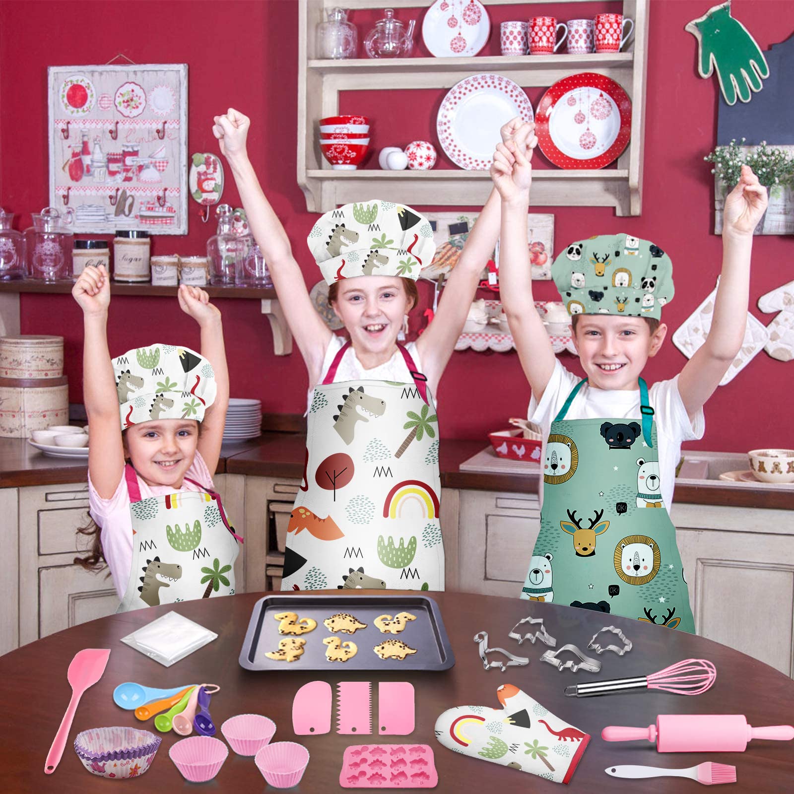 ANUXERA Kids Real Cooking and Baking Set,36Pcs Kids Chef Costume Hat and Apron Sets,Dinosaur Chef Costume for Girl, for 8-12 Year Old Girls.
