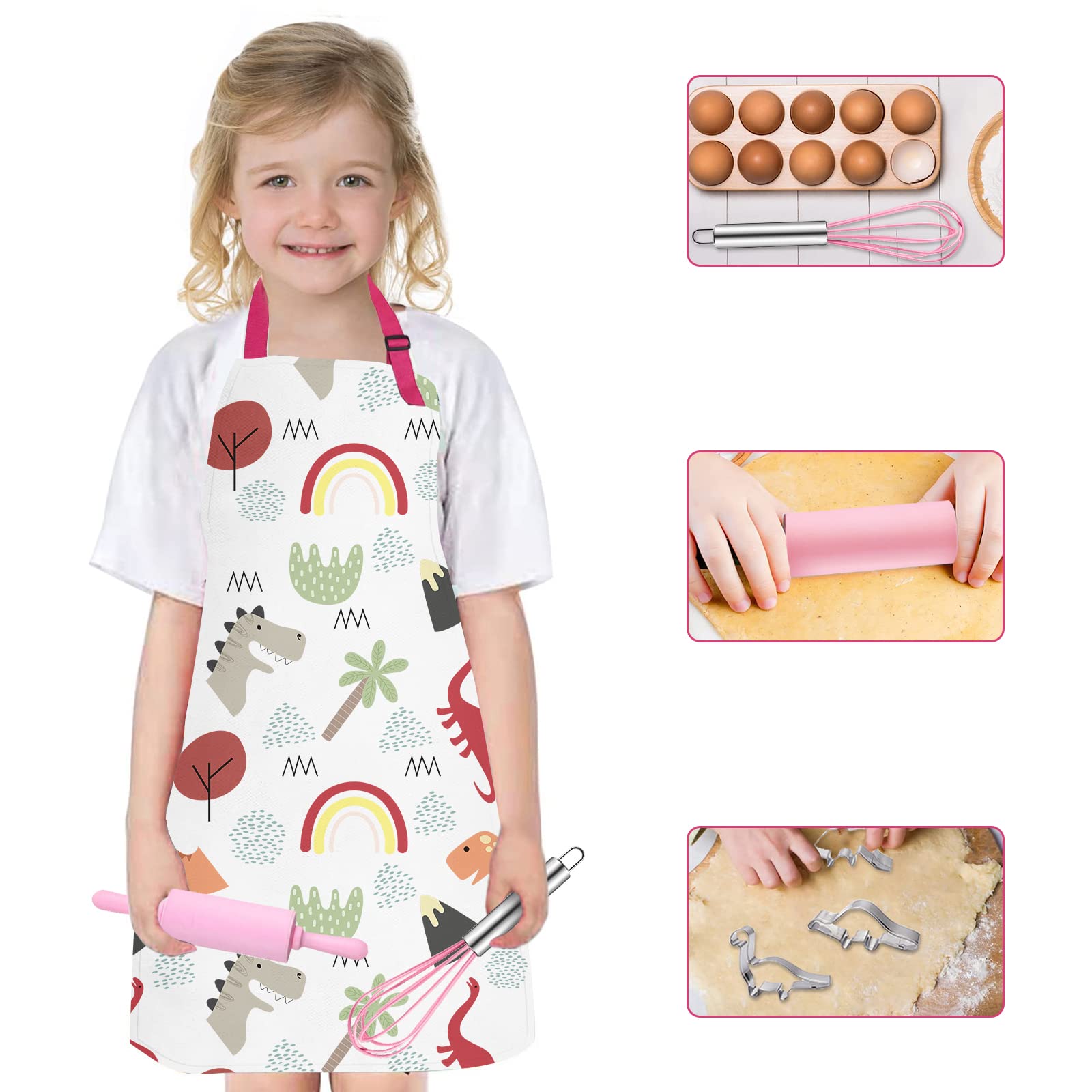 ANUXERA Kids Real Cooking and Baking Set,36Pcs Kids Chef Costume Hat and Apron Sets,Dinosaur Chef Costume for Girl, for 8-12 Year Old Girls.