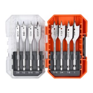 luckyway 8-piece 3/8 inch to 1 inch spade drill bits set for wood, plastic, aluminum hole cutting with tough case