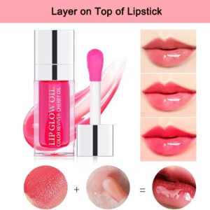 Plumping Lip Oil, Hydrating Lip Gloss Tinted Lip Balm Transparent Lip Care, Big Brush Head Glitter Shine, Long Lasting Nourishing Non-sticky Fresh Texture (007# Raspberry)