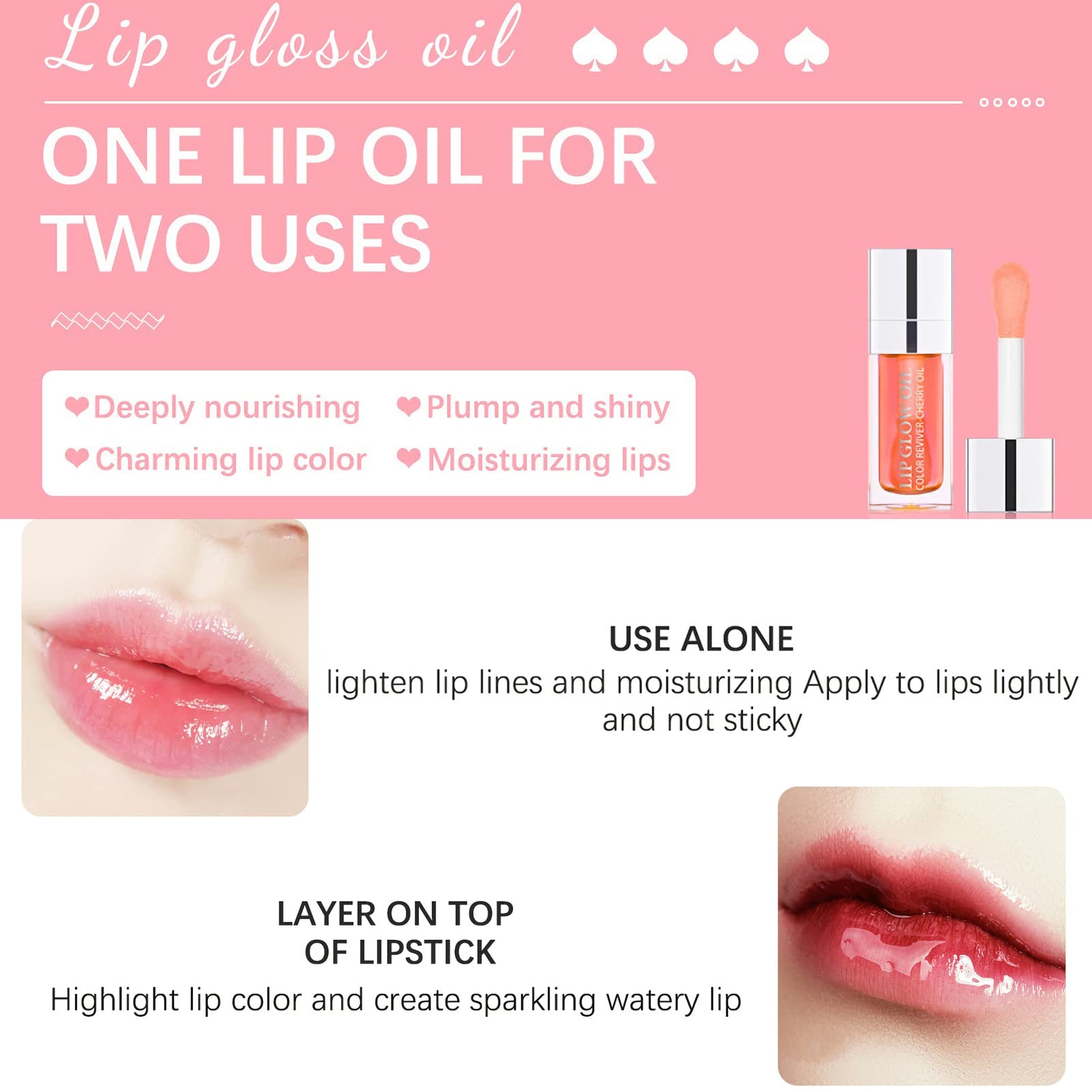 Plumping Lip Oil, Hydrating Lip Gloss Tinted Lip Balm Transparent Lip Care, Big Brush Head Glitter Shine, Long Lasting Nourishing Non-sticky Fresh Texture (007# Raspberry)