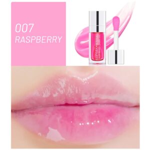 Plumping Lip Oil, Hydrating Lip Gloss Tinted Lip Balm Transparent Lip Care, Big Brush Head Glitter Shine, Long Lasting Nourishing Non-sticky Fresh Texture (007# Raspberry)