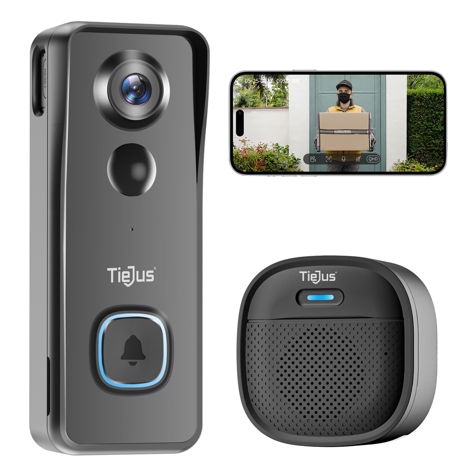 TieJus Doorbell Camera Wireless with Chime, Video Doorbell, 2 Way Audio, Voice Changer, Voice Message, PIR Motion Detection, Night Vision, SD & Cloud Storage, IP66 Waterproof, 2.4G WiFi