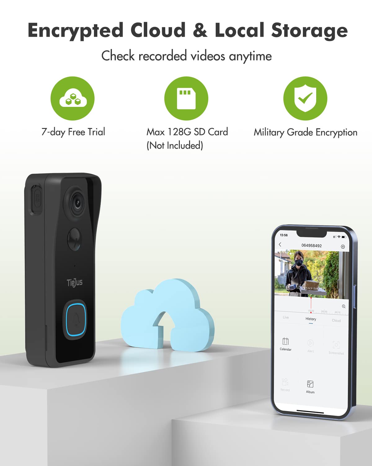 TieJus Doorbell Camera Wireless with Chime, Video Doorbell, 2 Way Audio, Voice Changer, Voice Message, PIR Motion Detection, Night Vision, SD & Cloud Storage, IP66 Waterproof, 2.4G WiFi