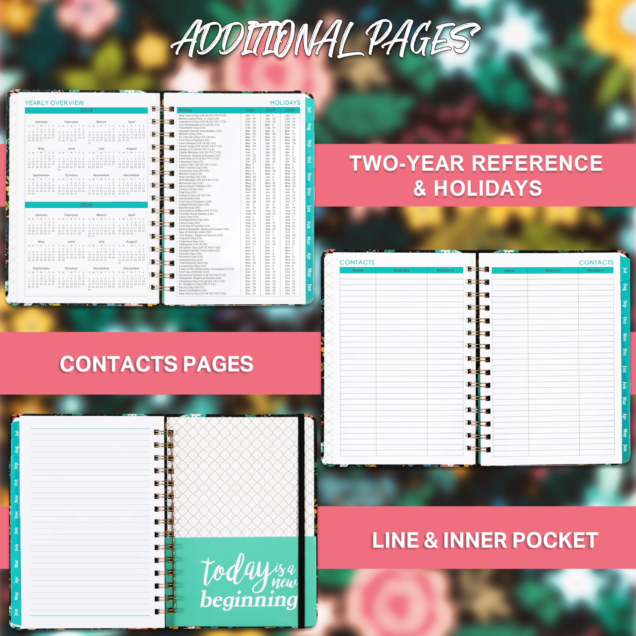 2024-2025 Planner - Planner 2024-2025, July 2024 - June 2025, Weekly & Monthly Planner with Tabs, 6.37" x 8.46", Hardcover + Inner Pocket + Thick Paper - Colorful Flower