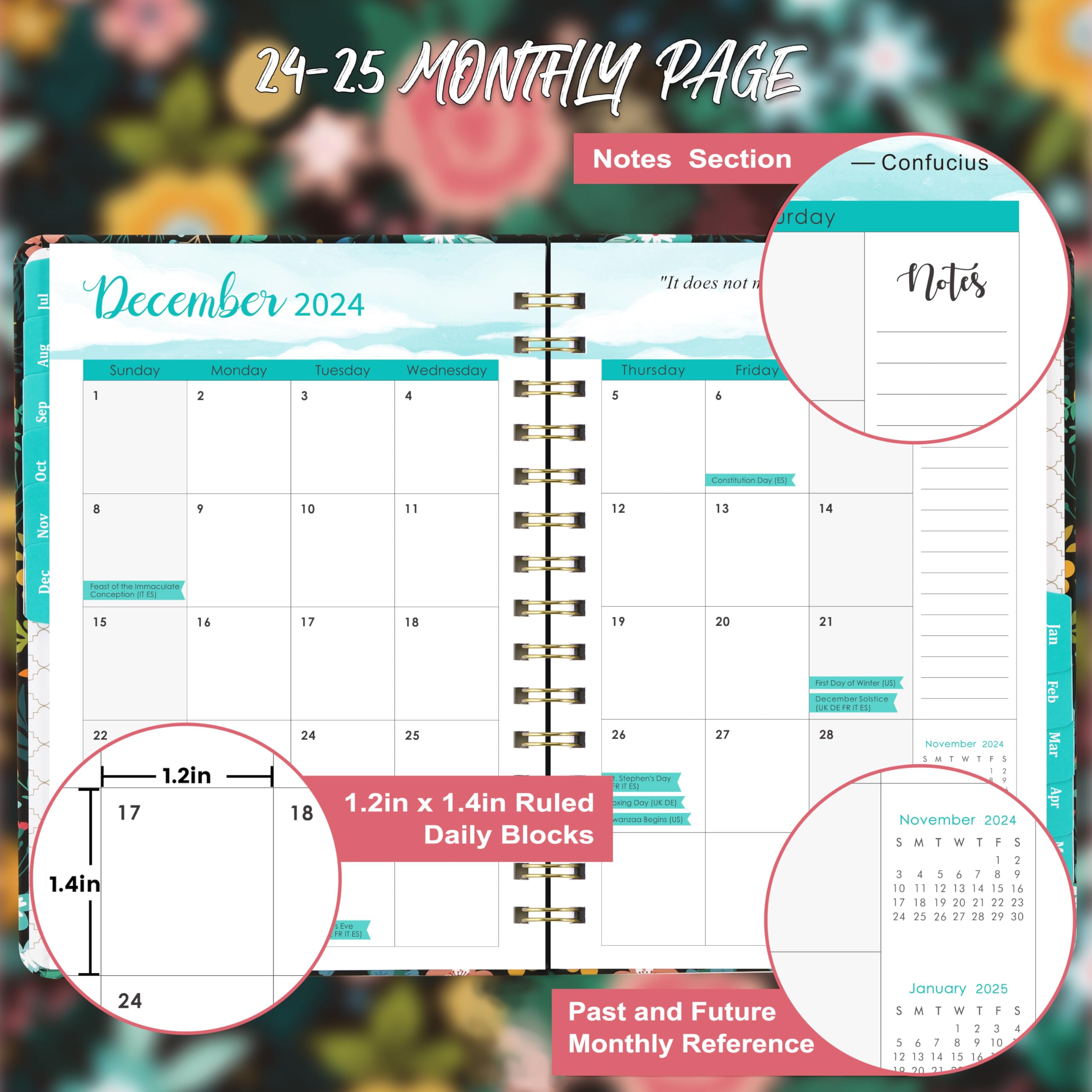 2024-2025 Planner - Planner 2024-2025, July 2024 - June 2025, Weekly & Monthly Planner with Tabs, 6.37" x 8.46", Hardcover + Inner Pocket + Thick Paper - Colorful Flower
