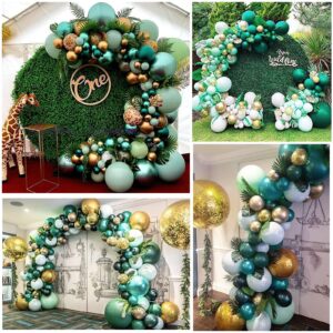 BBeipulas 83Pack Dark Green Gold Balloons 12 Inch Dark Green Metallic Gold and Confetti Balloon for Jungle Safari Birthday Party Decorations