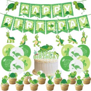 chilfamy turtle party decorations, cute turtle party supplies with happy birthday banner, baby turtle cake toppers, latex balloons for boys girls animal theme baby shower kids birthday party decors
