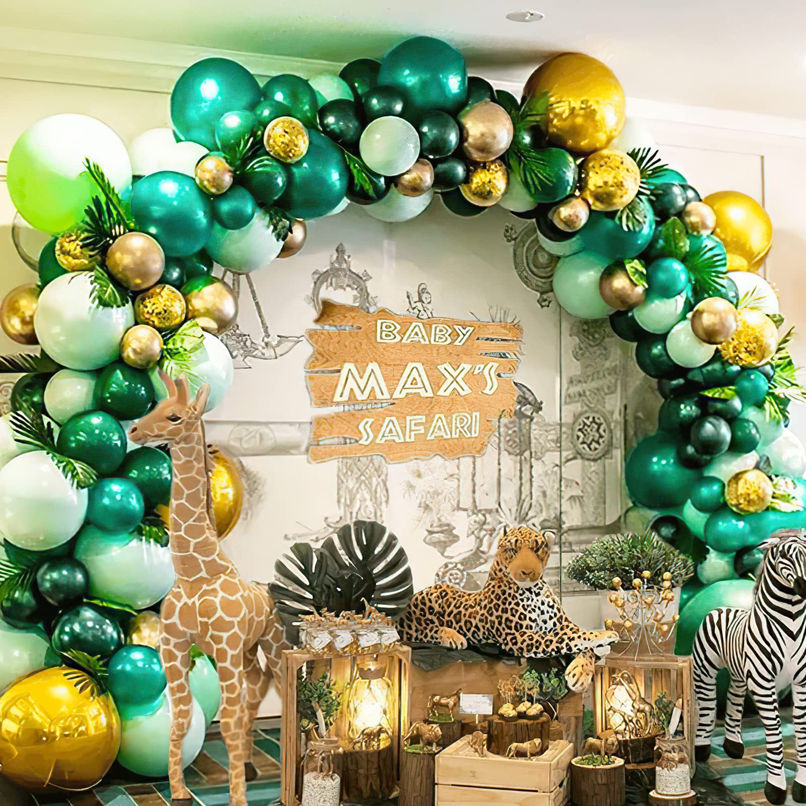 BBeipulas 83Pack Dark Green Gold Balloons 12 Inch Dark Green Metallic Gold and Confetti Balloon for Jungle Safari Birthday Party Decorations