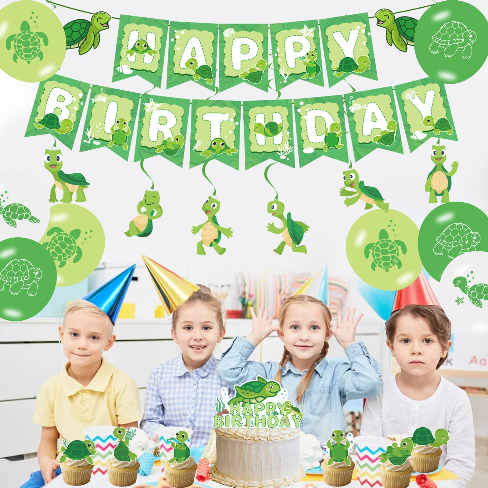 Chilfamy Turtle Party Decorations, Cute Turtle Party Supplies with Happy Birthday Banner, Baby Turtle Cake Toppers, Latex Balloons for Boys Girls Animal Theme Baby Shower Kids Birthday Party Decors