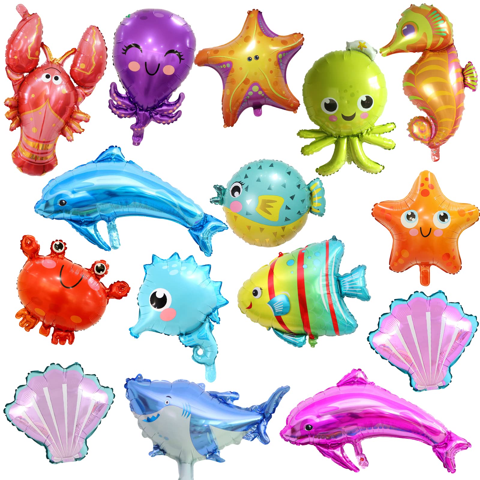 15pcs Ocean Themed Party Decorations, TACYKIBD Under The Sea Party Decorations, Starfish Octonauts Seahorse Lobster Cute Marine Balloons, Huge Sea Animal Balloon for Baby Shark Birthday Decorations