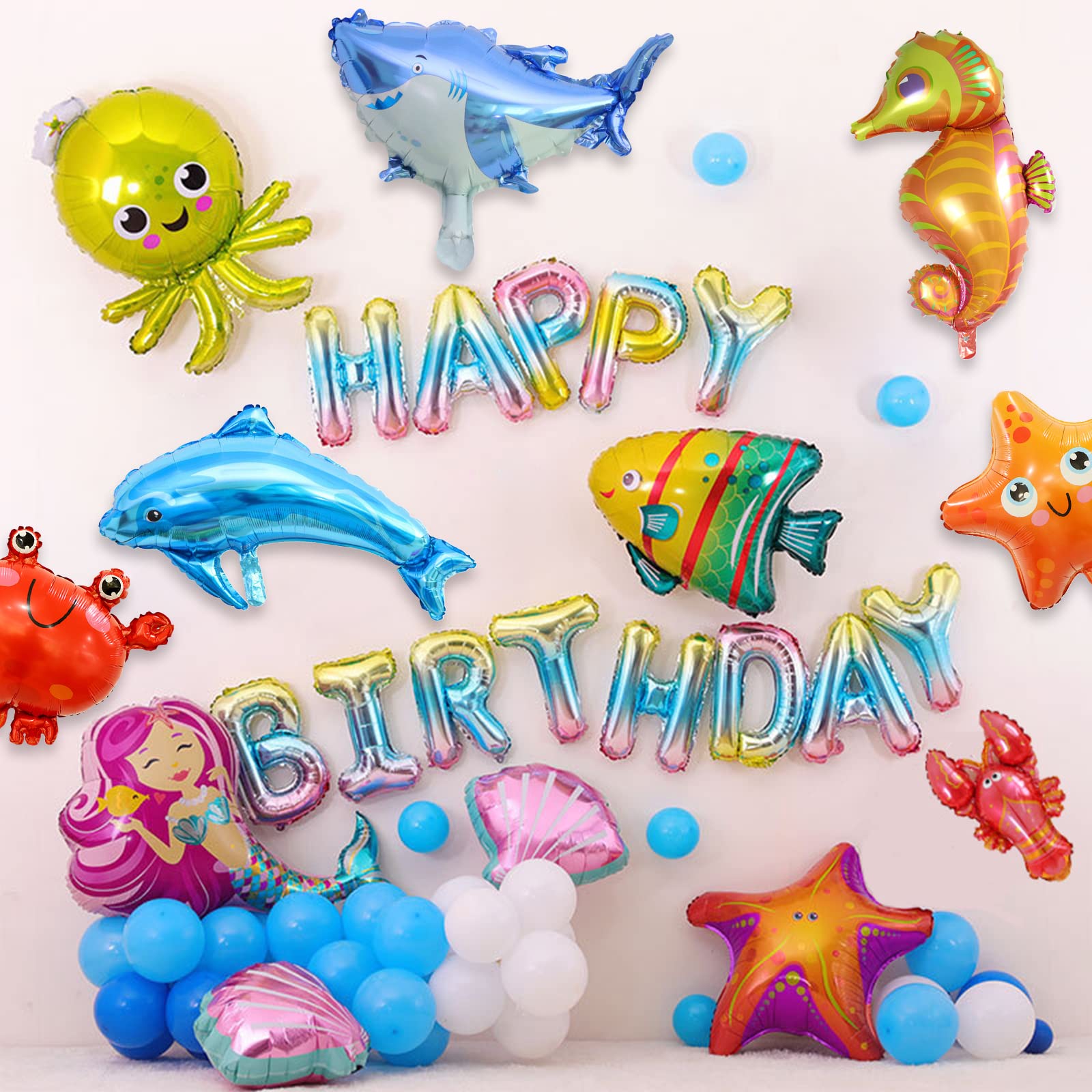 15pcs Ocean Themed Party Decorations, TACYKIBD Under The Sea Party Decorations, Starfish Octonauts Seahorse Lobster Cute Marine Balloons, Huge Sea Animal Balloon for Baby Shark Birthday Decorations