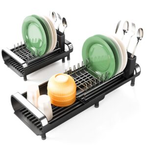 dish drying rack, expandable dish racks for kitchen counter, small kitchen drying rack with removable cutlery holder, black