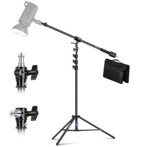 neewer air cushioned aluminum light stand, 9.8ft/3m adjustable photography stand with boom arm, counterweight, sandbag, 1/4" screw for softbox, studio flash, umbrella, ring light, max load 5kg