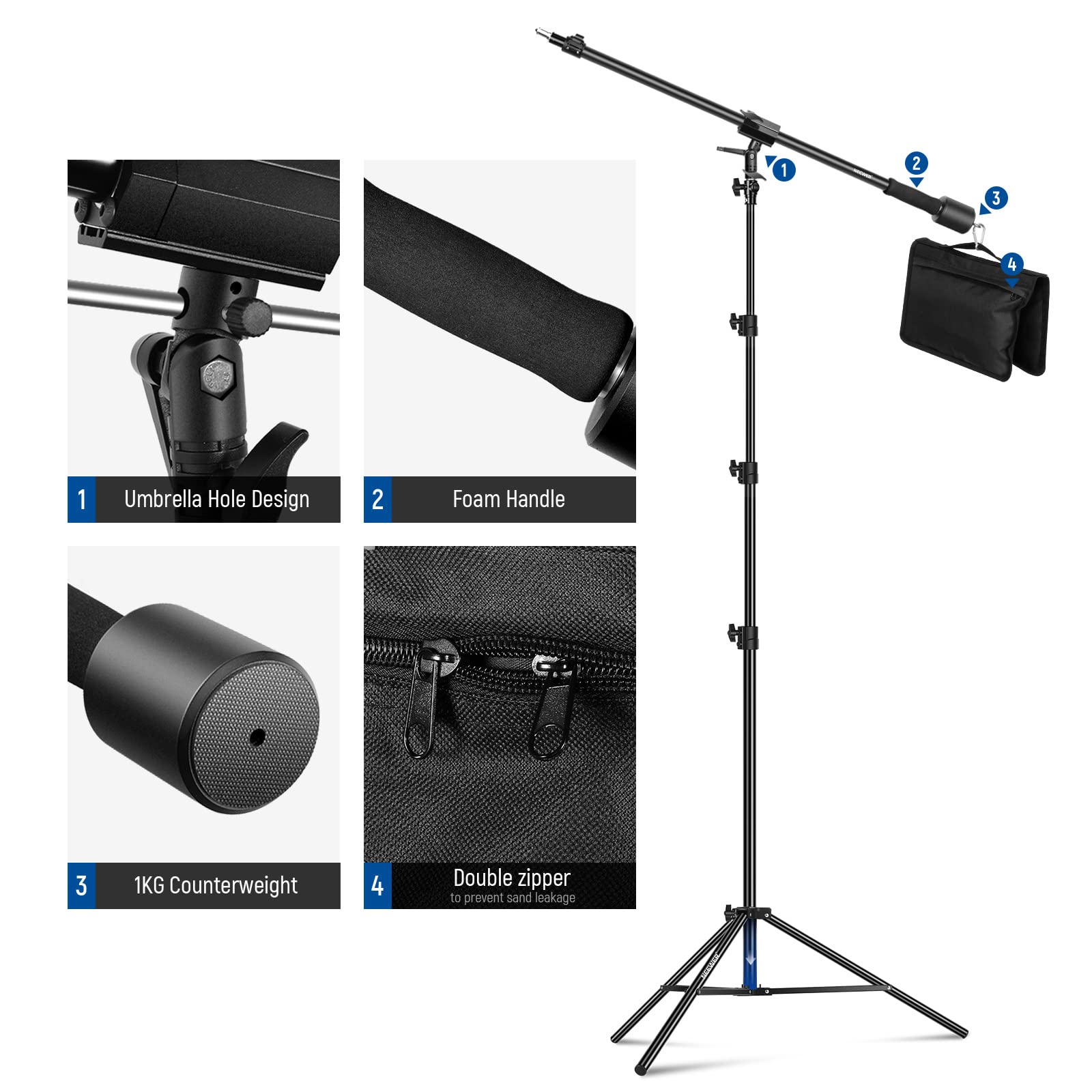 NEEWER Air Cushioned Aluminum Light Stand, 9.8ft/3m Adjustable Photography Stand with Boom Arm, Counterweight, Sandbag, 1/4" Screw for Softbox, Studio Flash, Umbrella, Ring Light, Max Load 5kg