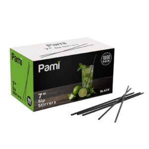 pami disposable coffee sip stirrers/straws [value pack of 1000 pcs] - 7” black plastic cocktail stirrers for drinks- beverage stirrers for hot & cold drinks- swizzle stirring sticks for coffee bar