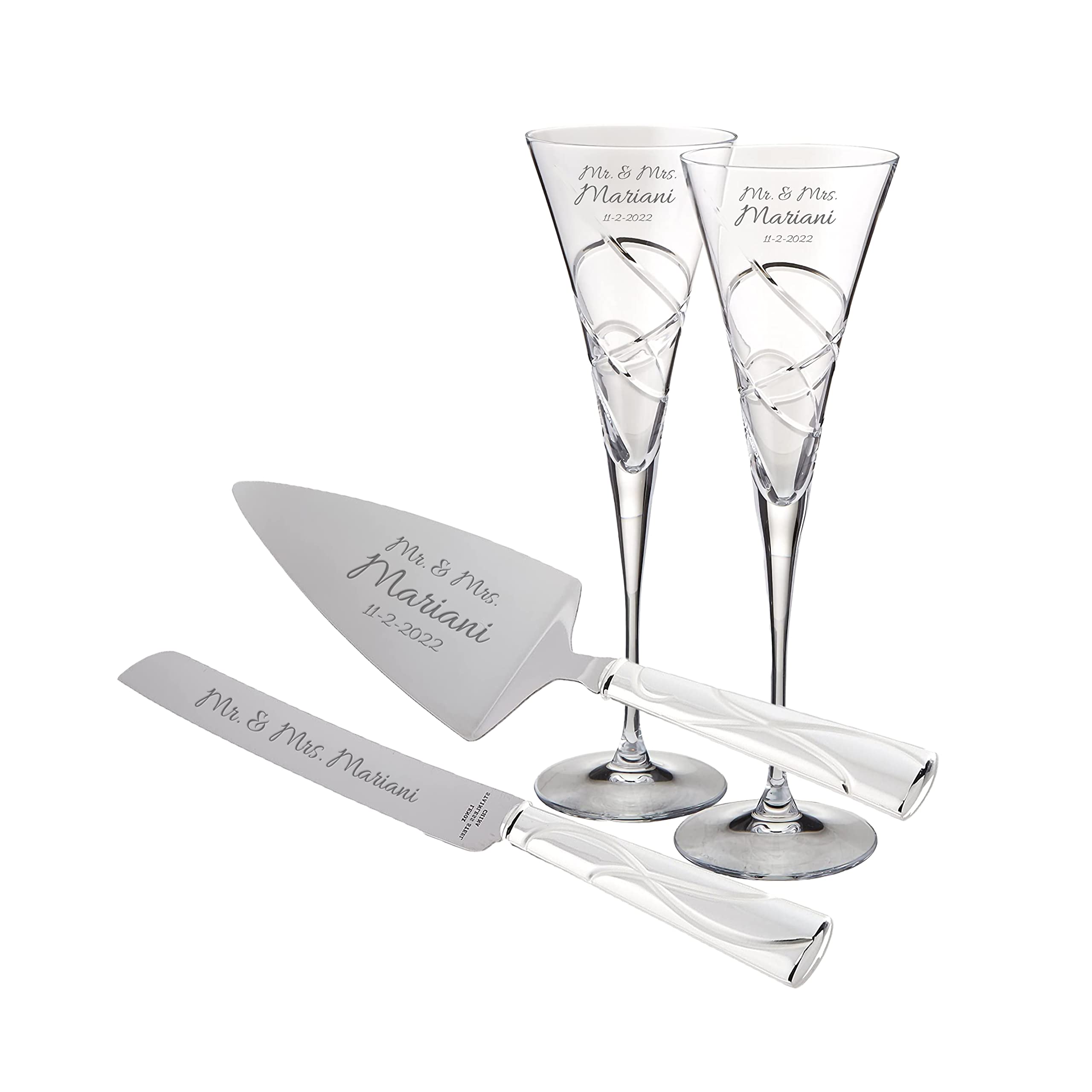 Lenox Bridal Personalized Adorn Wedding Bundle, Includes Custom Engraved Wedding Cake Knife and Server Set and Pair of Wedding Champagne Flutes for Bride and Groom